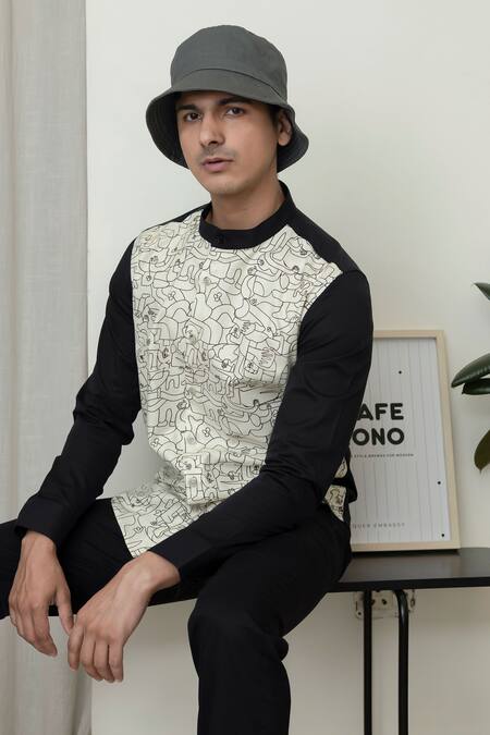 Lacquer Embassy_Beige Cotton Doodle Print Colorblock Full Sleeve Shirt _at_Aza_Fashions