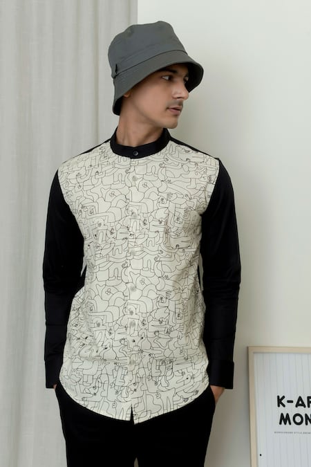 Lacquer Embassy_Beige Cotton Doodle Print Colorblock Full Sleeve Shirt _Online_at_Aza_Fashions