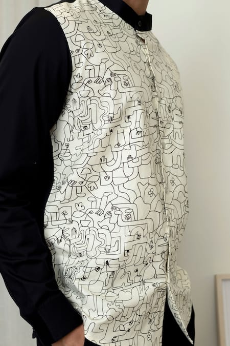 Shop_Lacquer Embassy_Beige Cotton Doodle Print Colorblock Full Sleeve Shirt 