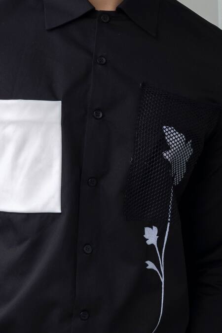 Lacquer Embassy_Black Cotton Patchwork Floral Shirt _Online_at_Aza_Fashions