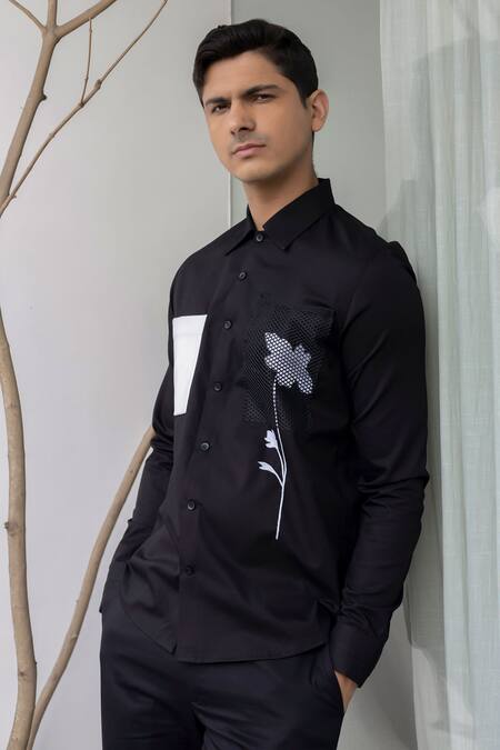 Shop_Lacquer Embassy_Black Cotton Patchwork Floral Shirt _Online_at_Aza_Fashions