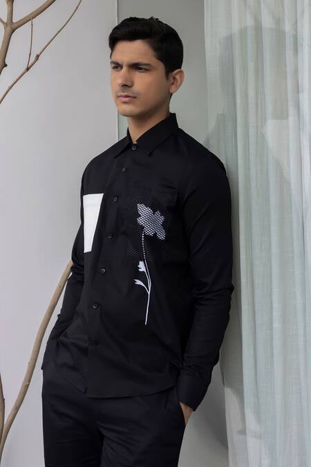 Lacquer Embassy_Black Cotton Patchwork Floral Shirt _at_Aza_Fashions