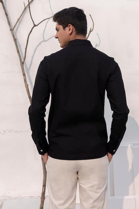 Lacquer Embassy_Black Cotton Embroidery, Patchwork Stitchline Thread Shirt _Online_at_Aza_Fashions