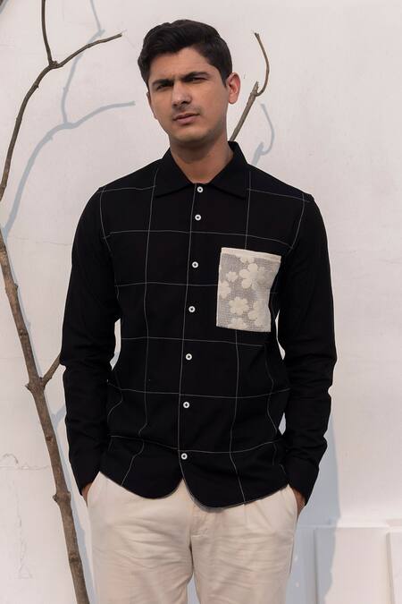 Buy_Lacquer Embassy_Black Cotton Embroidery, Patchwork Stitchline Thread Shirt _Online_at_Aza_Fashions
