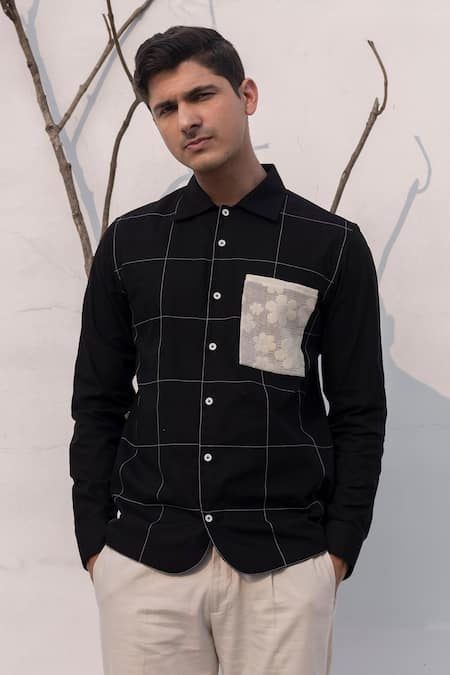 Shop_Lacquer Embassy_Black Cotton Embroidery, Patchwork Stitchline Thread Shirt _Online_at_Aza_Fashions