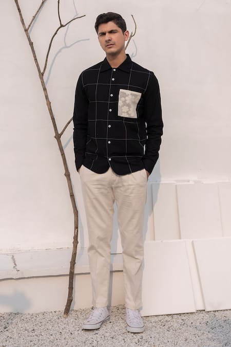 Lacquer Embassy_Black Cotton Embroidery, Patchwork Stitchline Thread Shirt _at_Aza_Fashions