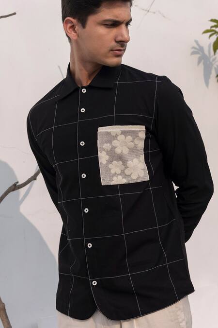 Buy_Lacquer Embassy_Black Cotton Embroidery, Patchwork Stitchline Thread Shirt 
