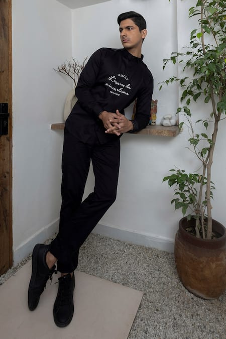 Lacquer Embassy_Black Cotton Satin Embroidery Typographic Thread Shirt _Online_at_Aza_Fashions