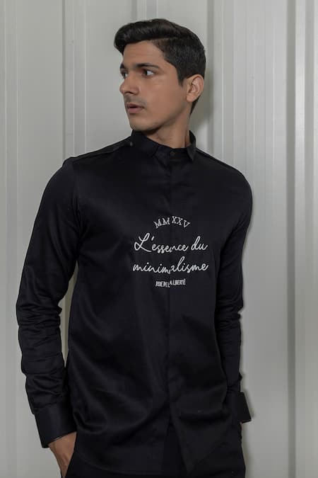 Buy_Lacquer Embassy_Black Cotton Satin Embroidery Typographic Thread Shirt _Online_at_Aza_Fashions