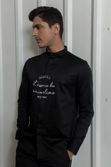Shop_Lacquer Embassy_Black Cotton Satin Embroidery Typographic Thread Shirt _Online_at_Aza_Fashions