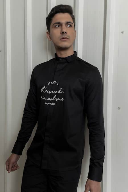 Lacquer Embassy_Black Cotton Satin Embroidery Typographic Thread Shirt _at_Aza_Fashions