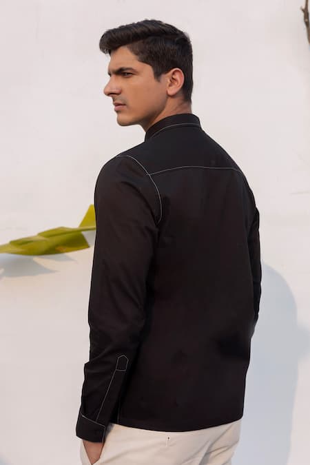 Lacquer Embassy Floral Embroidered Black Cotton Shirt 