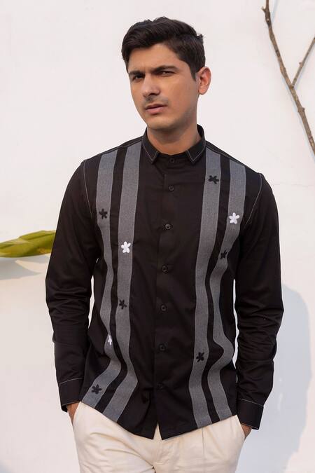 Lacquer Embassy_Black Cotton Embroidery Floral Shirt _Online_at_Aza_Fashions