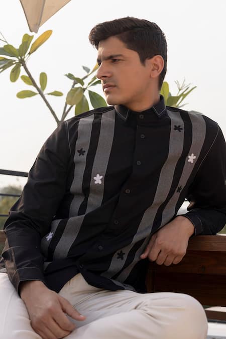 Buy_Lacquer Embassy_Black Cotton Embroidery Floral Shirt _Online_at_Aza_Fashions