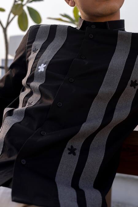 Shop_Lacquer Embassy_Black Cotton Embroidery Floral Shirt _Online_at_Aza_Fashions