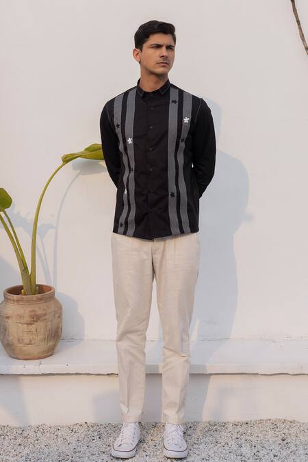 Lacquer Embassy_Black Cotton Embroidery Floral Shirt _at_Aza_Fashions