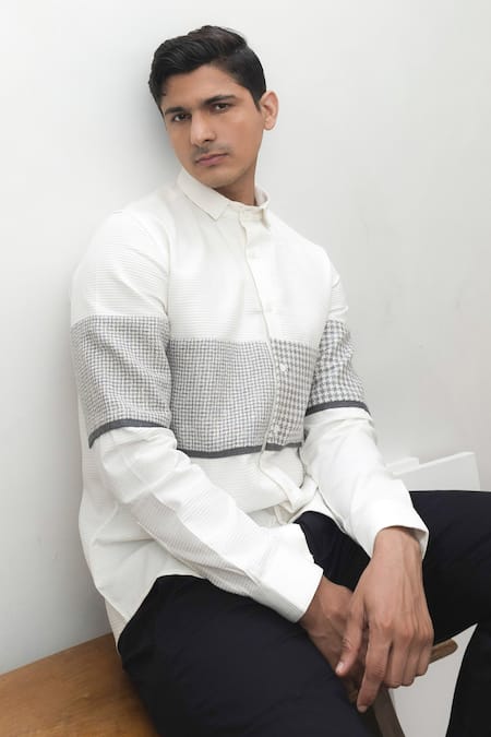 Lacquer Embassy_White Houndstooth Woven Waffle Texture Shirt _Online_at_Aza_Fashions