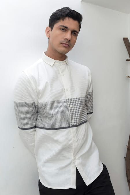 Shop_Lacquer Embassy_White Houndstooth Woven Waffle Texture Shirt _Online_at_Aza_Fashions