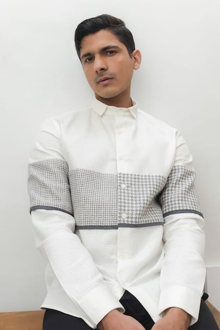Lacquer Embassy_White Houndstooth Woven Waffle Texture Shirt _at_Aza_Fashions