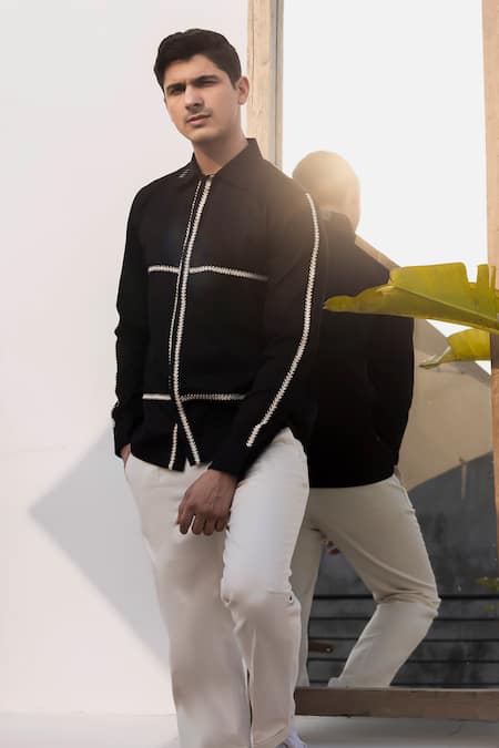 Lacquer Embassy_Black Cotton Embroidery Tape Embellished Collar Shirt _Online_at_Aza_Fashions