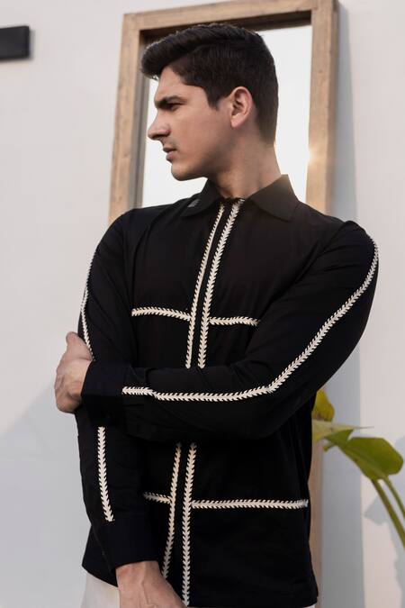Buy_Lacquer Embassy_Black Cotton Embroidery Tape Embellished Collar Shirt _Online_at_Aza_Fashions