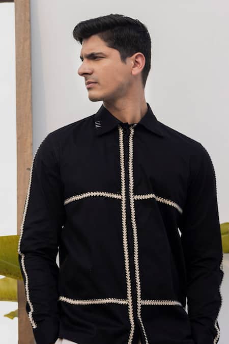 Shop_Lacquer Embassy_Black Cotton Embroidery Tape Embellished Collar Shirt _Online_at_Aza_Fashions