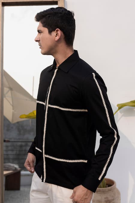 Lacquer Embassy_Black Cotton Embroidery Tape Embellished Collar Shirt _at_Aza_Fashions