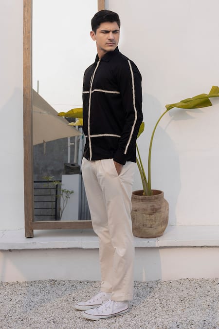 Buy_Lacquer Embassy_Black Cotton Embroidery Tape Embellished Collar Shirt 