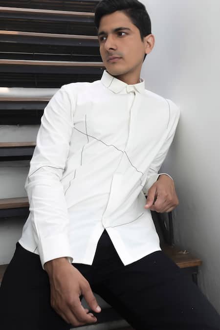 Lacquer Embassy_White Cotton Embroidery Abstract Thread Collar Shirt _Online_at_Aza_Fashions