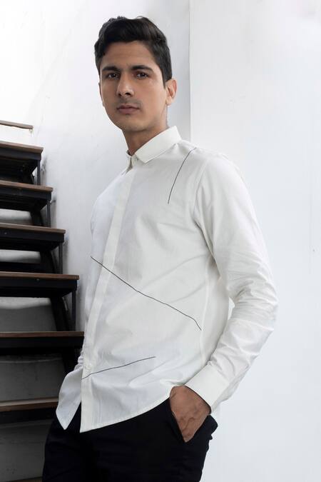 Buy_Lacquer Embassy_White Cotton Embroidery Abstract Thread Collar Shirt _Online_at_Aza_Fashions