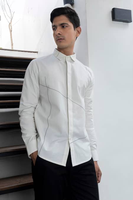 Lacquer Embassy_White Cotton Embroidery Abstract Thread Collar Shirt _at_Aza_Fashions