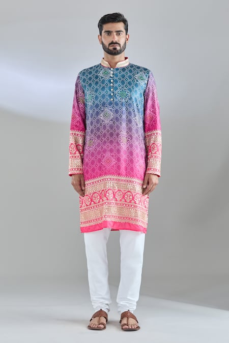Arihant Rai Sinha_Blue Denim Sequins, Embroidery Bandhani Print Kurta _Online_at_Aza_Fashions