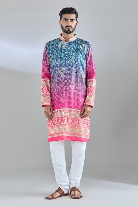 Buy_Arihant Rai Sinha_Blue Denim Sequins, Embroidery Bandhani Print Kurta _Online_at_Aza_Fashions