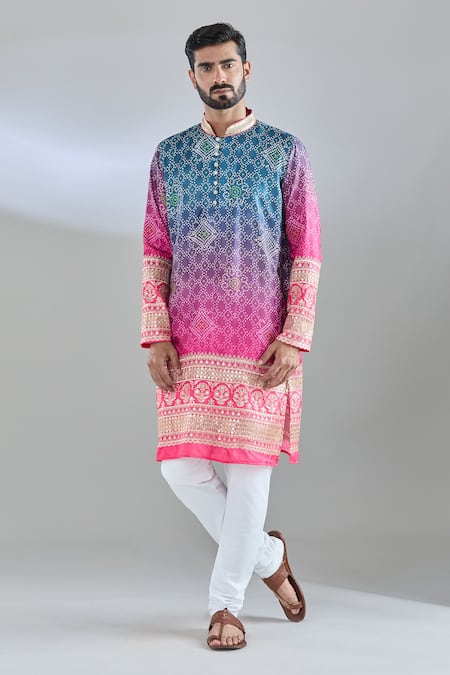Shop_Arihant Rai Sinha_Blue Denim Sequins, Embroidery Bandhani Print Kurta _Online_at_Aza_Fashions