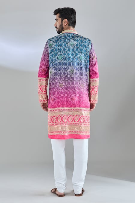 Shop_Arihant Rai Sinha_Blue Denim Sequins, Embroidery Bandhani Print Kurta _at_Aza_Fashions