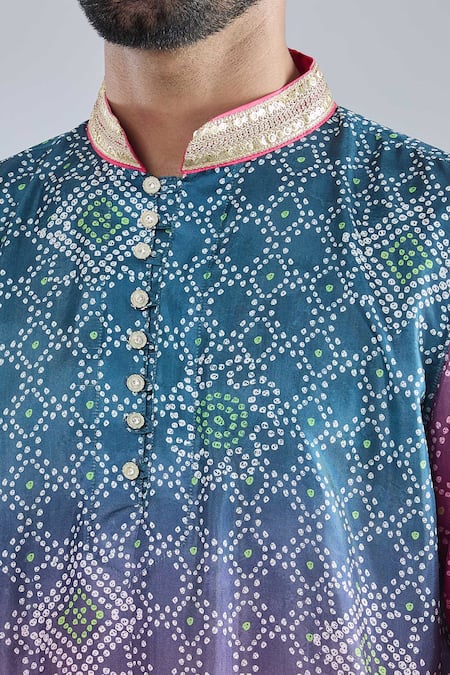 Arihant Rai Sinha_Blue Denim Sequins, Embroidery Bandhani Print Kurta _at_Aza_Fashions