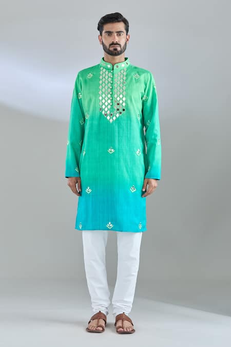 Arihant Rai Sinha Green Silk Mirrors, Embroidery Ombre Kurta Online at Aza Fashions Arihant Rai Sinha_Green Silk Mirrors, Embroidery Ombre Kurta _Online_at_Aza_Fashions