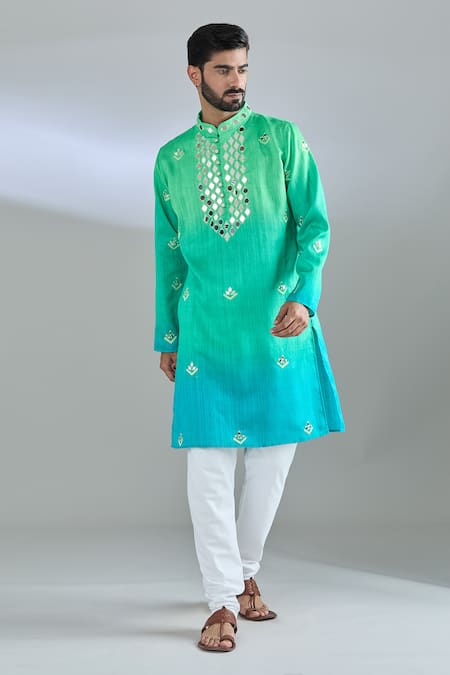 Shop Arihant Rai Sinha Green Silk Mirrors, Embroidery Ombre Kurta Online at Aza Fashions Shop_Arihant Rai Sinha_Green Silk Mirrors, Embroidery Ombre Kurta _Online_at_Aza_Fashions