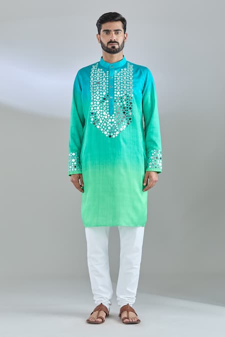 Arihant Rai Sinha Green Silk Mirrors, Embroidery Ombre Kurta Online at Aza Fashions Arihant Rai Sinha_Green Silk Mirrors, Embroidery Ombre Kurta _Online_at_Aza_Fashions