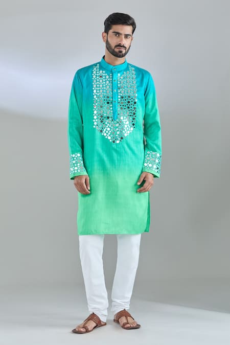 Shop Arihant Rai Sinha Green Silk Mirrors, Embroidery Ombre Kurta Online at Aza Fashions Shop_Arihant Rai Sinha_Green Silk Mirrors, Embroidery Ombre Kurta _Online_at_Aza_Fashions