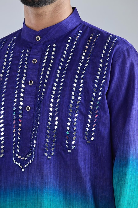 Shop Arihant Rai Sinha Blue Silk Mirrors, Embroidery Kurta Online at Aza Fashions Shop_Arihant Rai Sinha_Blue Silk Mirrors, Embroidery Kurta _Online_at_Aza_Fashions
