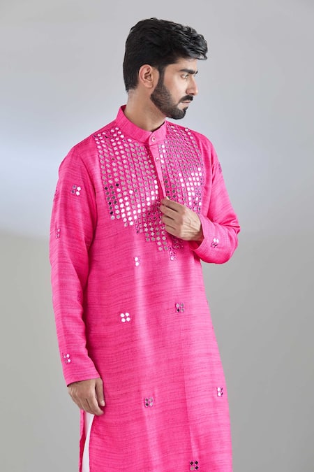 Arihant Rai Sinha Pink Silk Mirrors, Embroidery Kurta Online at Aza Fashions Arihant Rai Sinha_Pink Silk Mirrors, Embroidery Kurta _Online_at_Aza_Fashions