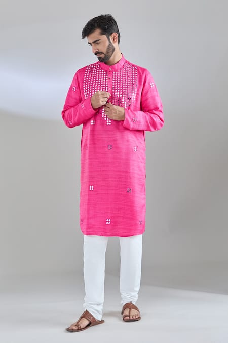 Shop Arihant Rai Sinha Pink Silk Mirrors, Embroidery Kurta Online at Aza Fashions Shop_Arihant Rai Sinha_Pink Silk Mirrors, Embroidery Kurta _Online_at_Aza_Fashions