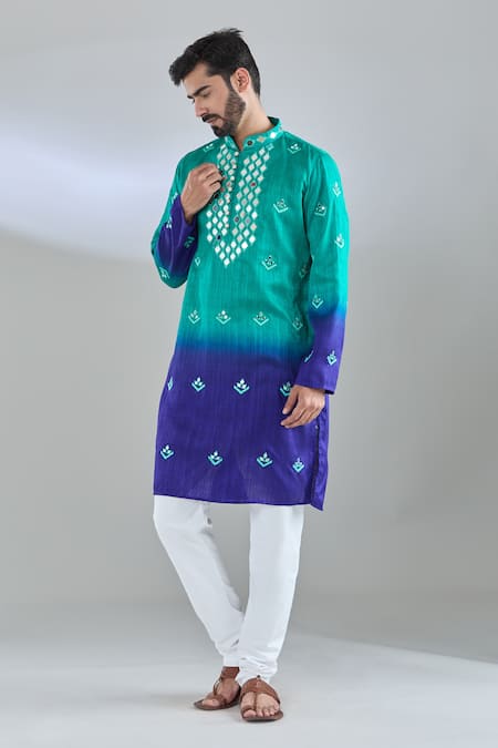 Shop Arihant Rai Sinha Green Silk Mirrors, Embroidery Ombre Kurta Online at Aza Fashions Shop_Arihant Rai Sinha_Green Silk Mirrors, Embroidery Ombre Kurta _Online_at_Aza_Fashions