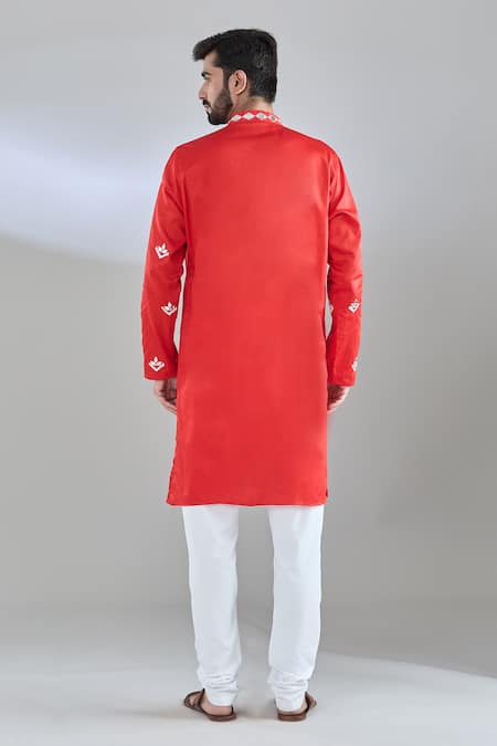 Shop Arihant Rai Sinha Red Cotton Satin Mirrors, Embroidery Kurta at Aza Fashions Shop_Arihant Rai Sinha_Red Cotton Satin Mirrors, Embroidery Kurta _at_Aza_Fashions