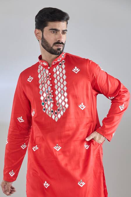Buy Arihant Rai Sinha Red Cotton Satin Mirrors, Embroidery Kurta Online at Aza Fashions Buy_Arihant Rai Sinha_Red Cotton Satin Mirrors, Embroidery Kurta _Online_at_Aza_Fashions