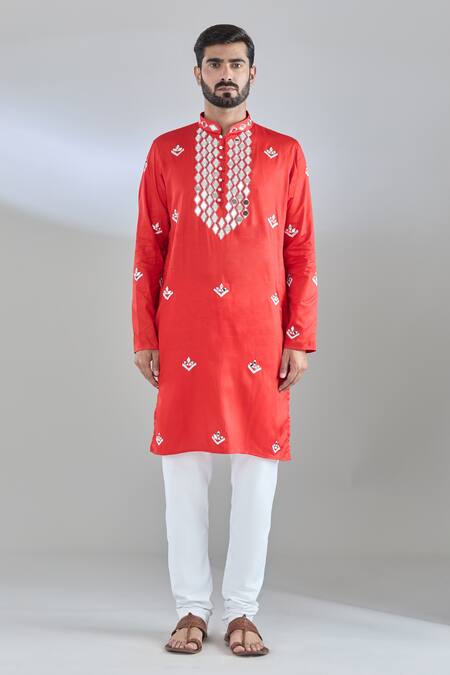 Shop Arihant Rai Sinha Red Cotton Satin Mirrors, Embroidery Kurta Online at Aza Fashions Shop_Arihant Rai Sinha_Red Cotton Satin Mirrors, Embroidery Kurta _Online_at_Aza_Fashions