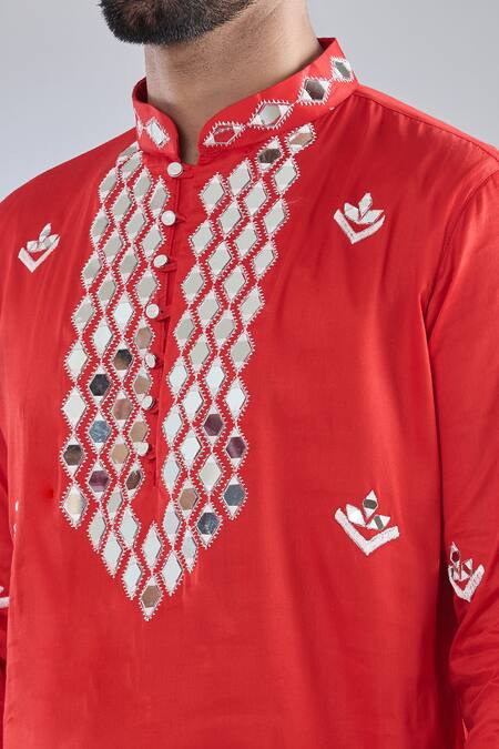 Arihant Rai Sinha Red Cotton Satin Mirrors, Embroidery Kurta at Aza Fashions Arihant Rai Sinha_Red Cotton Satin Mirrors, Embroidery Kurta _at_Aza_Fashions