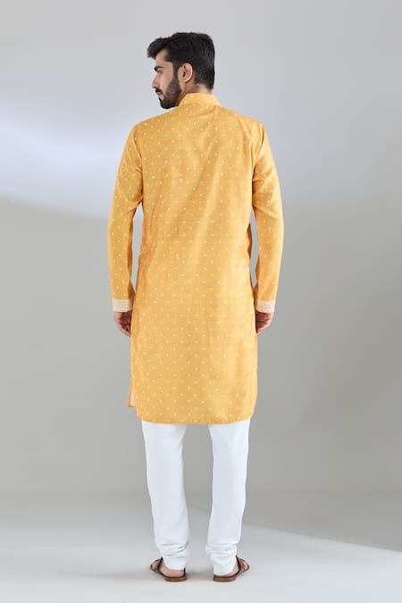 Shop Arihant Rai Sinha Yellow Modal Embroidery Bandhani Print Kurta at Aza Fashions Shop_Arihant Rai Sinha_Yellow Modal Embroidery Bandhani Print Kurta _at_Aza_Fashions