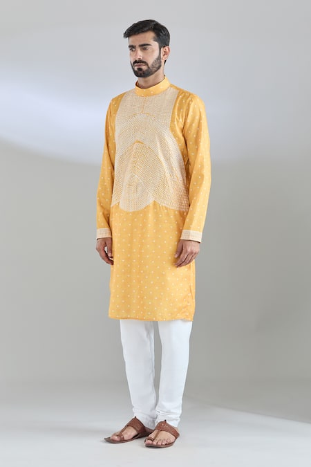 Arihant Rai Sinha Yellow Modal Embroidery Bandhani Print Kurta Online at Aza Fashions Arihant Rai Sinha_Yellow Modal Embroidery Bandhani Print Kurta _Online_at_Aza_Fashions